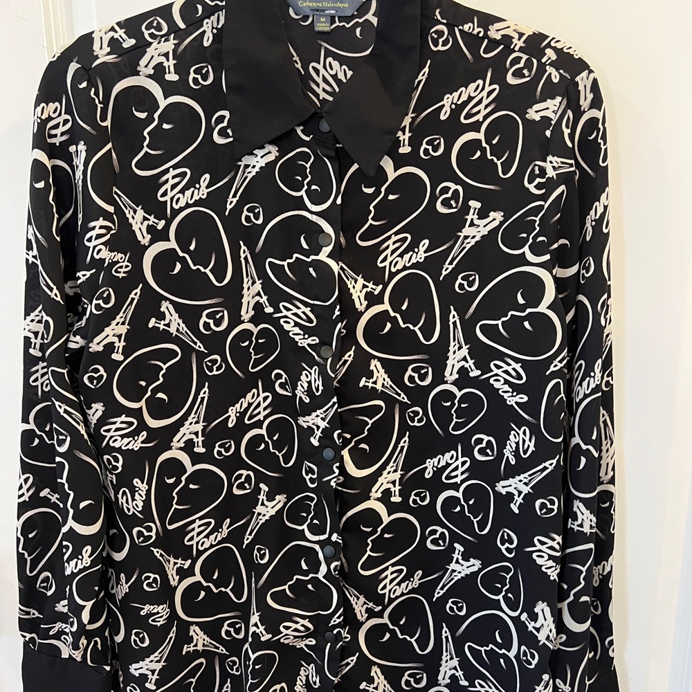 Catherine Malandrino Ladies Medium Black/White Paris Motif Blouse With Snaps